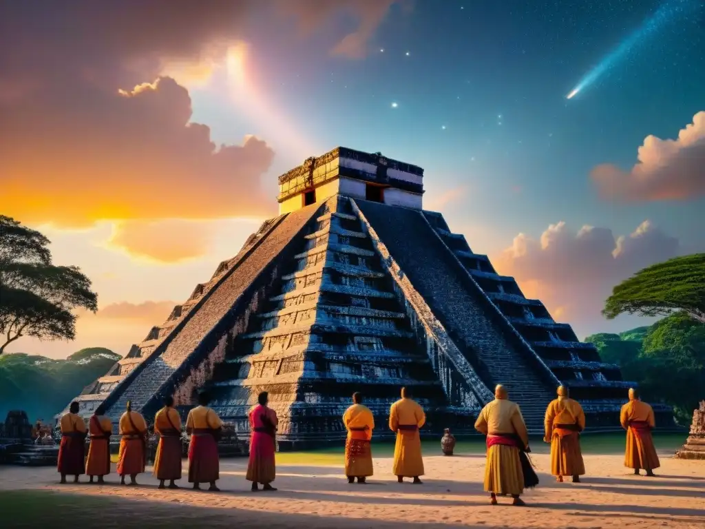 Dioses mayas y astronomía divina: Templo maya iluminado por el sol con sacerdotes en ritual bajo un cielo estrellado