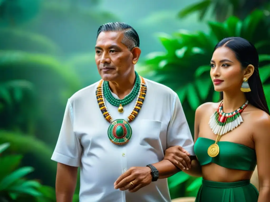 Diplomacia maya: noble ofrece collar de jade a dignatario en señal de amistad y respeto