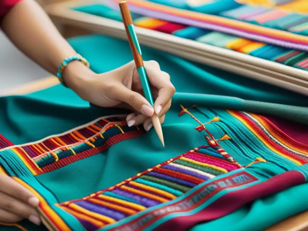 Un diseñador de moda borda símbolos mayas en un huipil, fusionando tradición y modernidad