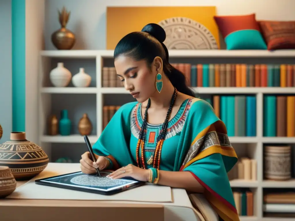 Una diseñadora de moda inspirada en deidades mayas crea patrones intrincados en una tableta en un estudio luminoso