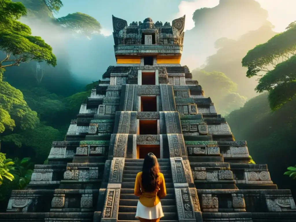 Diseño sostenible en arquitectura maya: Detalle de intrincadas tallas en piedra de un templo maya, iluminadas por el cálido sol