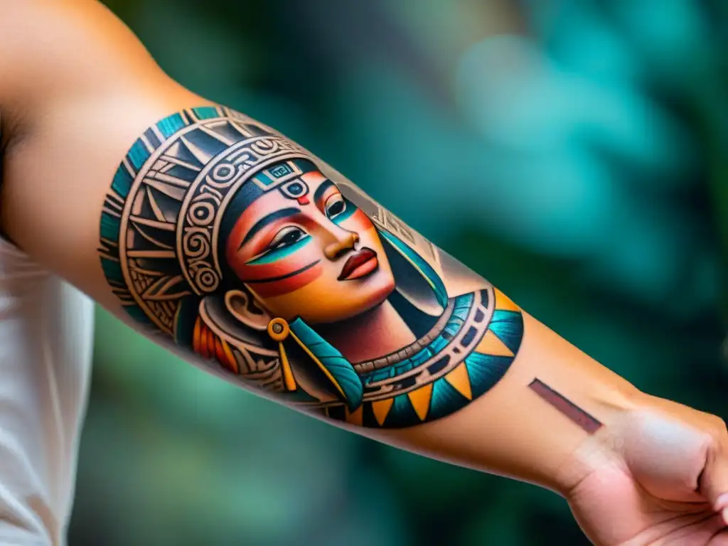 Un diseño único de tatuajes mayas: arte moderno fusionando tradición y contemporaneidad en vibrantes colores y patrones geométricos detallados