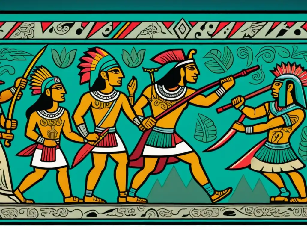 Documentación de guerras en códices mayas: detallada escena de batalla con guerreros, jaguares y águilas en vibrantes colores