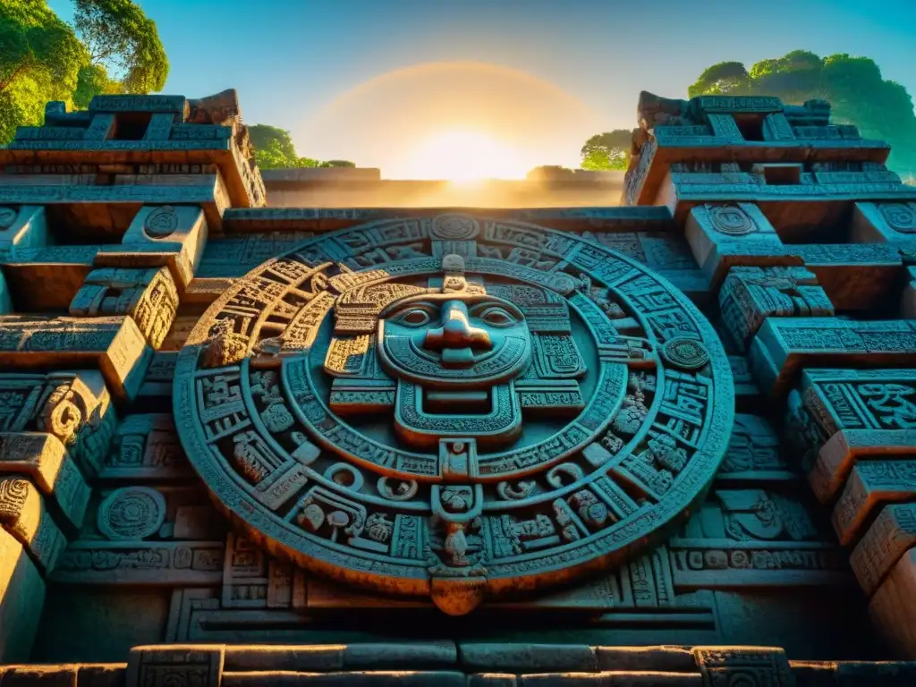 La dualidad de la cosmología maya se revela en los detallados grabados del calendario en las ruinas de un templo, iluminados por el sol