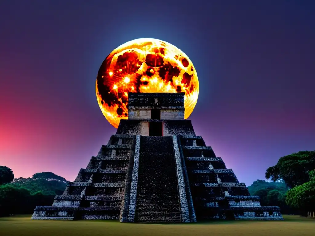 Eclipse lunar sobre templo maya con carvings y glifos, en noche estrellada