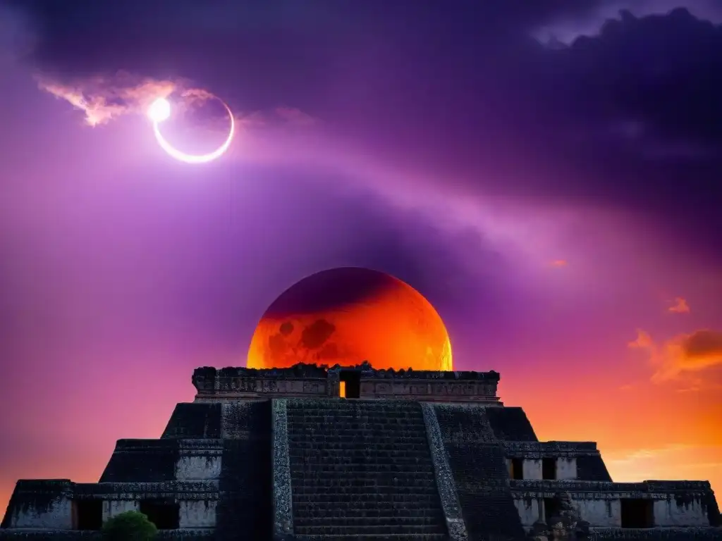 Un eclipse solar parcialmente oculto por un templo maya, en un escenario místico y surrealista