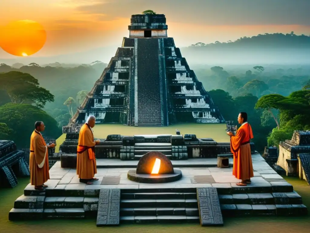 Predicción de eclipse en Tikal: sacerdotes mayas en ritual ancestral Predicción de eclipses: Sacerdotes Mayas realizan ancestral ceremonia en Tikal al atardecer