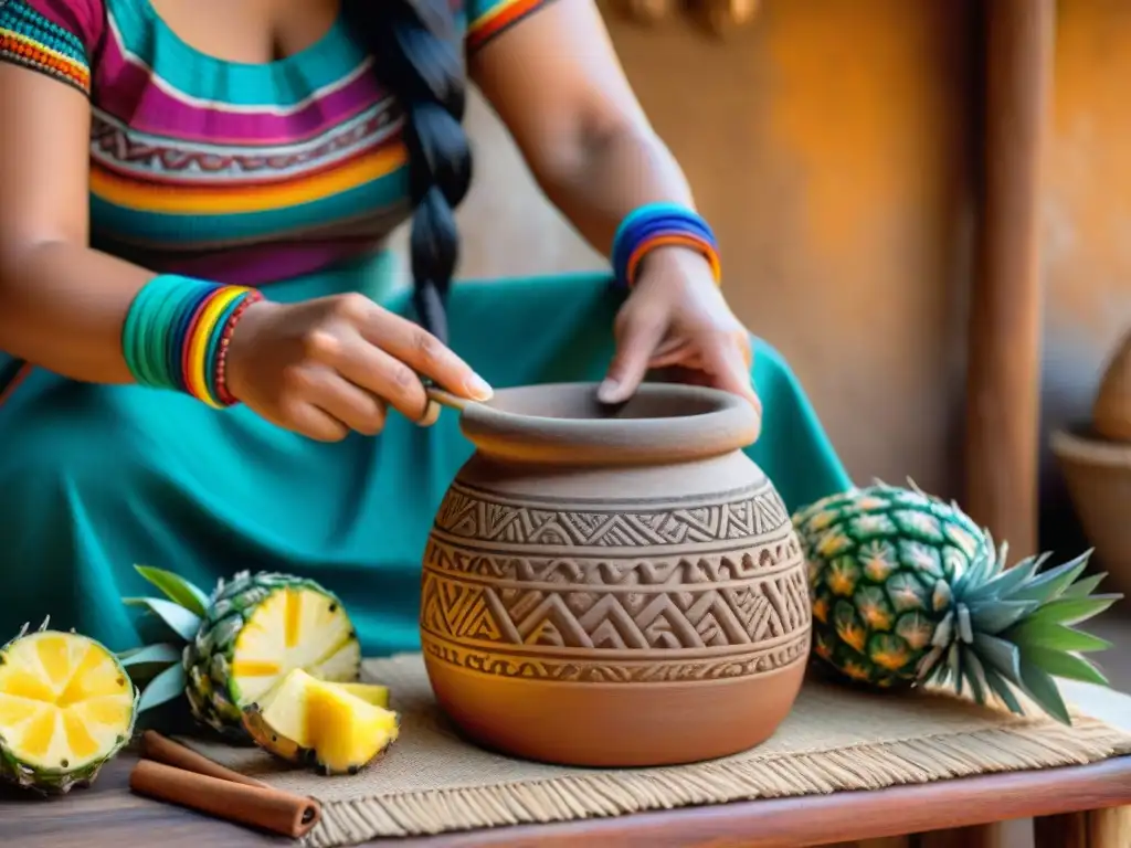 Elaboración artesanal de tepache maya en jarra de barro, resaltando la receta de tepache maya fermentado