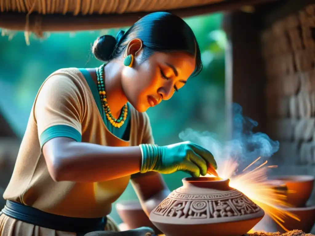 Elaboración cerámica maya significado: Maya artesano moldeando con cuidado un recipiente tradicional, rodeado de colorida cultura maya