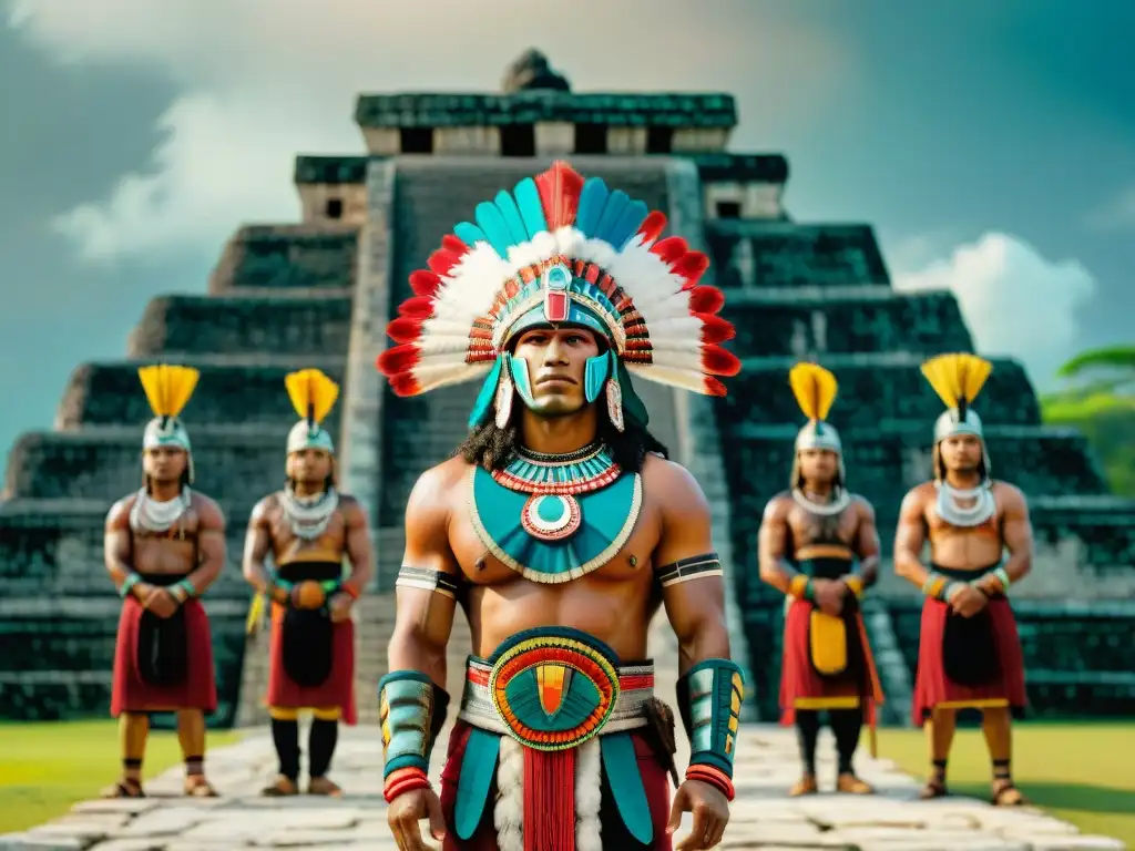 Élites militares en sociedad maya: modernos guerreros mayas frente a templo antiguo