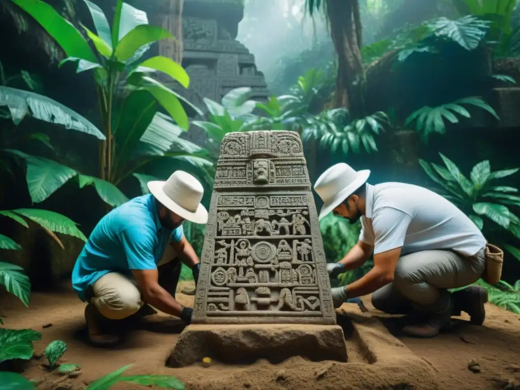 Emocionante descubrimiento arqueológico: arqueólogos desenterrando estela maya en la selva, revelando significado estelas mayas descubiertas