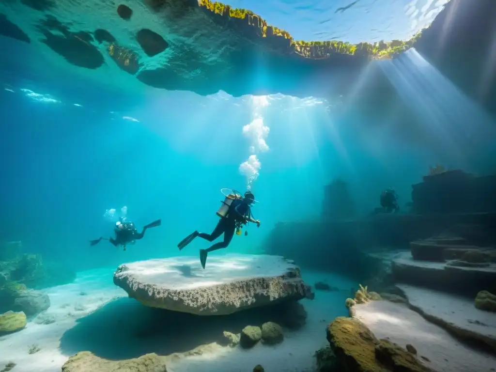 Emocionante escena de arqueología submarina civilización maya en cenote cristalino