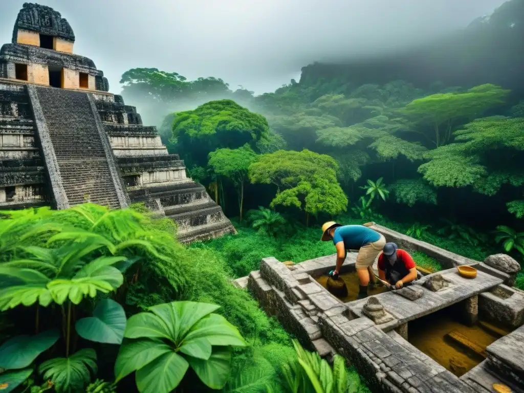 Emocionante excavación de arqueólogos en sitio maya rodeado de ruinas antiguas y exuberante vegetación