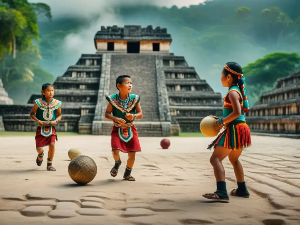 Un emocionante juego de pelota maya en un antiguo y colorido campo de juego, mostrando la riqueza cultural de los Juegos tradicionales en cultura maya