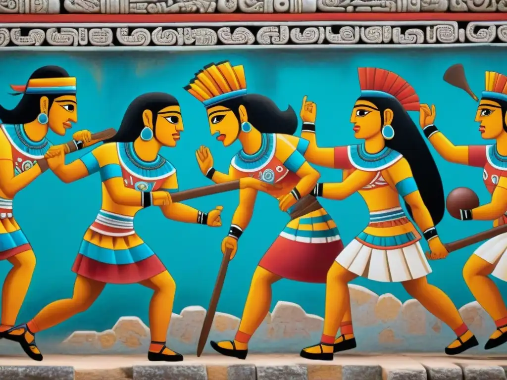 Emocionante mural del Juego de Pelota Civilización Maya en un templo, con equipos y espectadores vibrantes