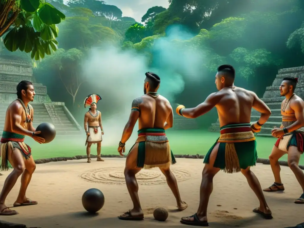 Una emocionante reedición del juego de pelota maya, con equipos vestidos con atuendos antiguos en un vibrante campo rodeado de espectadores