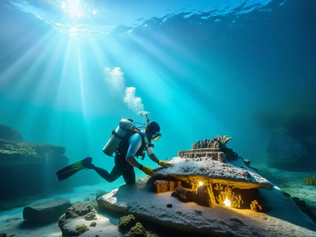 Emocionante conservación de reliquias mayas subacuáticas en cenote cristalino, arqueólogos excavando con detalle bajo el sol