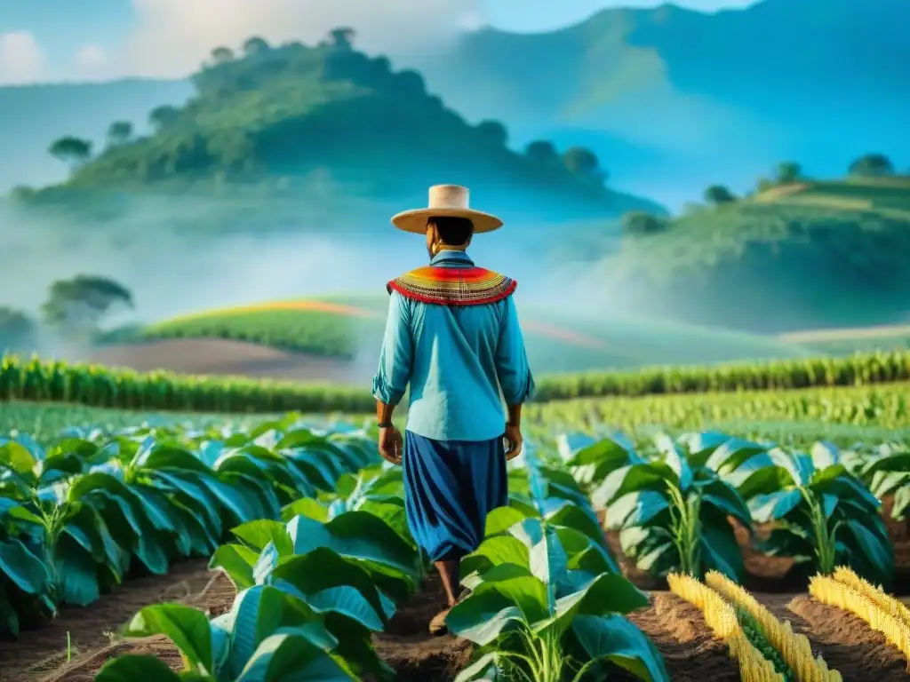 Un emocionante retrato de un agricultor maya en un campo vibrante, cultivando maíz, frijoles y calabaza bajo el sol brillante