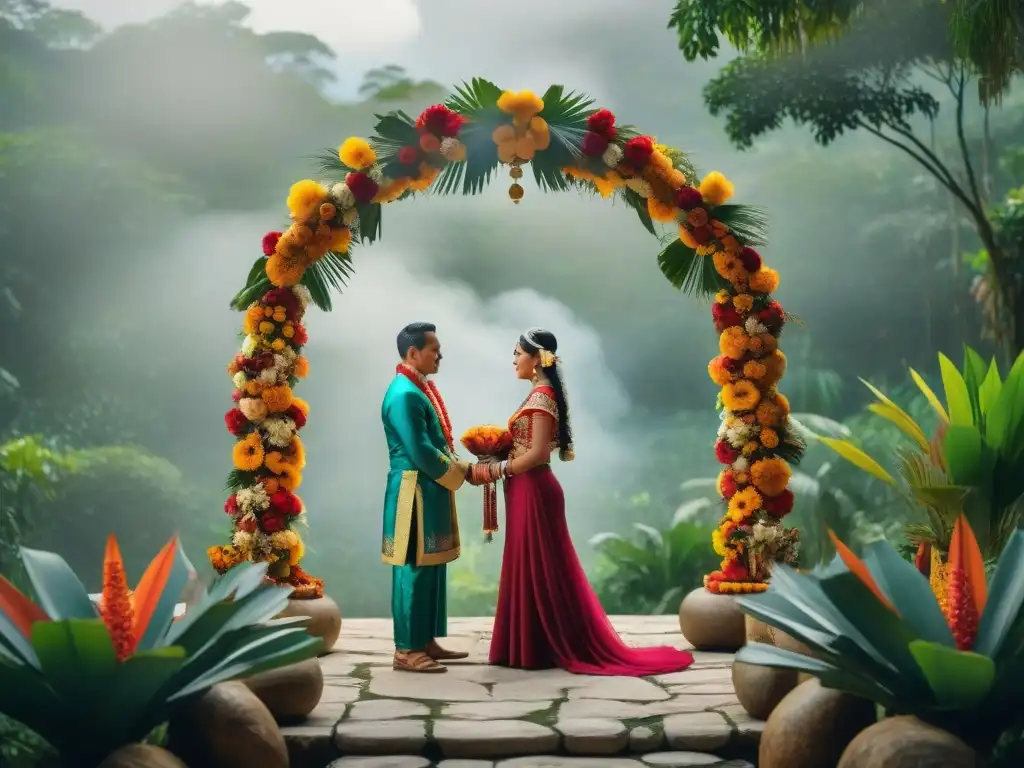 Emotiva ceremonia de boda maya en la selva: intercambio de votos bajo un arco floral rodeados de ancianos en trajes ceremoniales