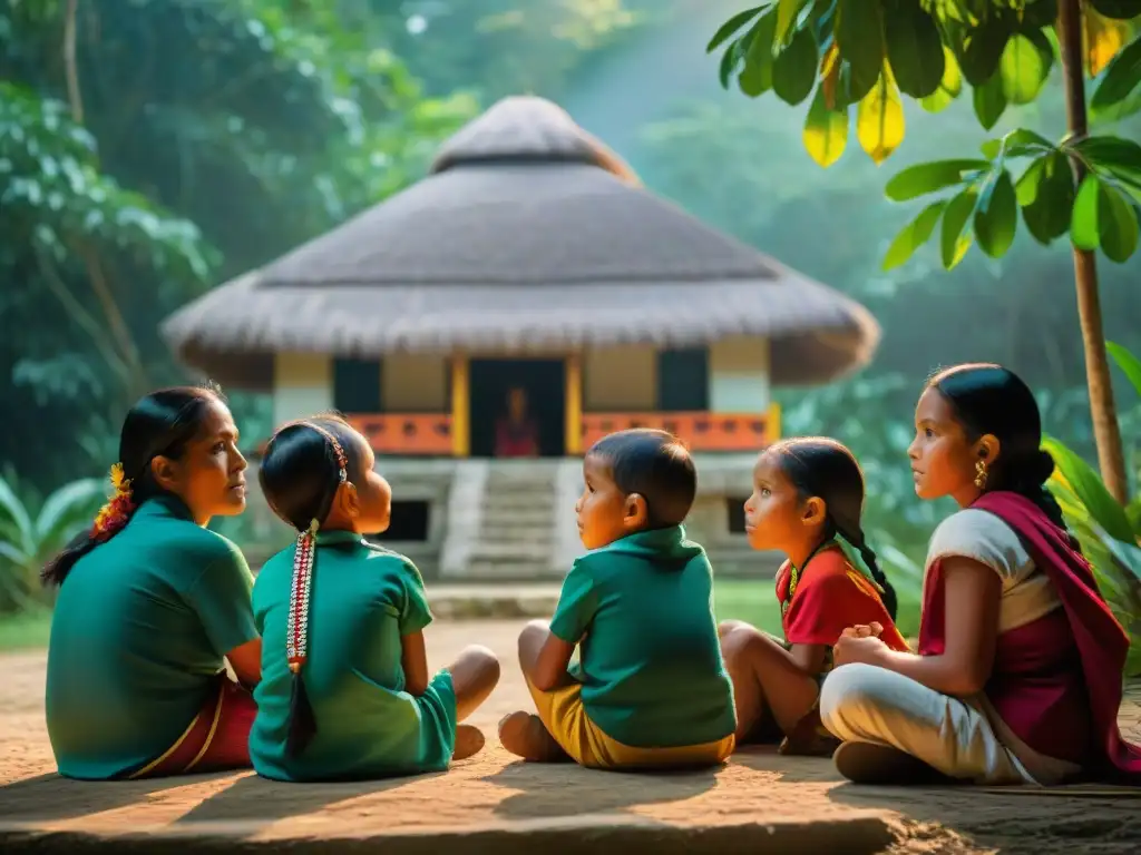 Emotiva escena de educación maya tradiciones siglo XXI: niños mayas aprenden de un anciano sabio en la selva