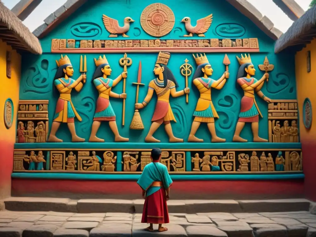 Emotivo mural maya: niño en sacrificio guiado por sacerdotes, rodeado de dioses y jeroglíficos