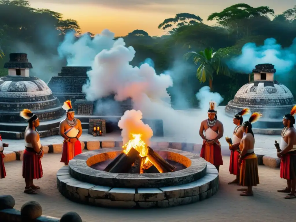 Emotivo ritual temazcal maya al amanecer, con participantes en atuendos ceremoniales blancos, envueltos en vapor sagrado