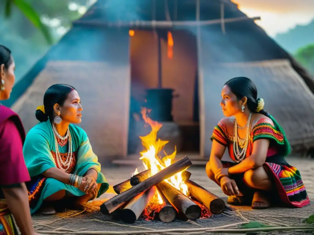 Empoderamiento femenino en sociedad maya: Mujeres mayas vestidas con huipiles coloridos, reunidas alrededor de una fogata en una aldea rural