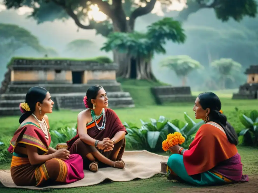 Encuentro de mujeres mayas bajo ceiba en aldea guatemalteca, intercambiando sabiduría