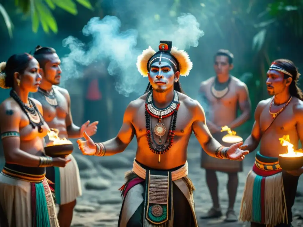 Un enigmático festival maya contemporáneo en la selva: textiles vibrantes, pinturas faciales e instrumentos tradicionales iluminados por antorchas