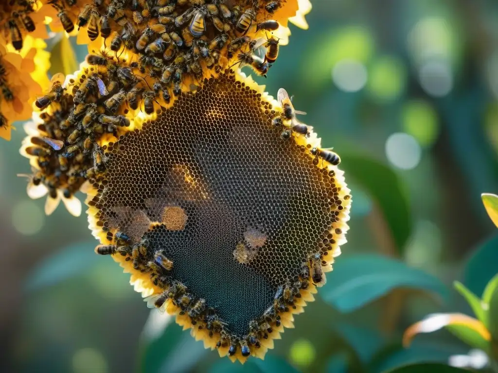 Un enjambre de abejas sagradas de la civilización maya laboriosamente trabajando en una colmena vibrante y detallada