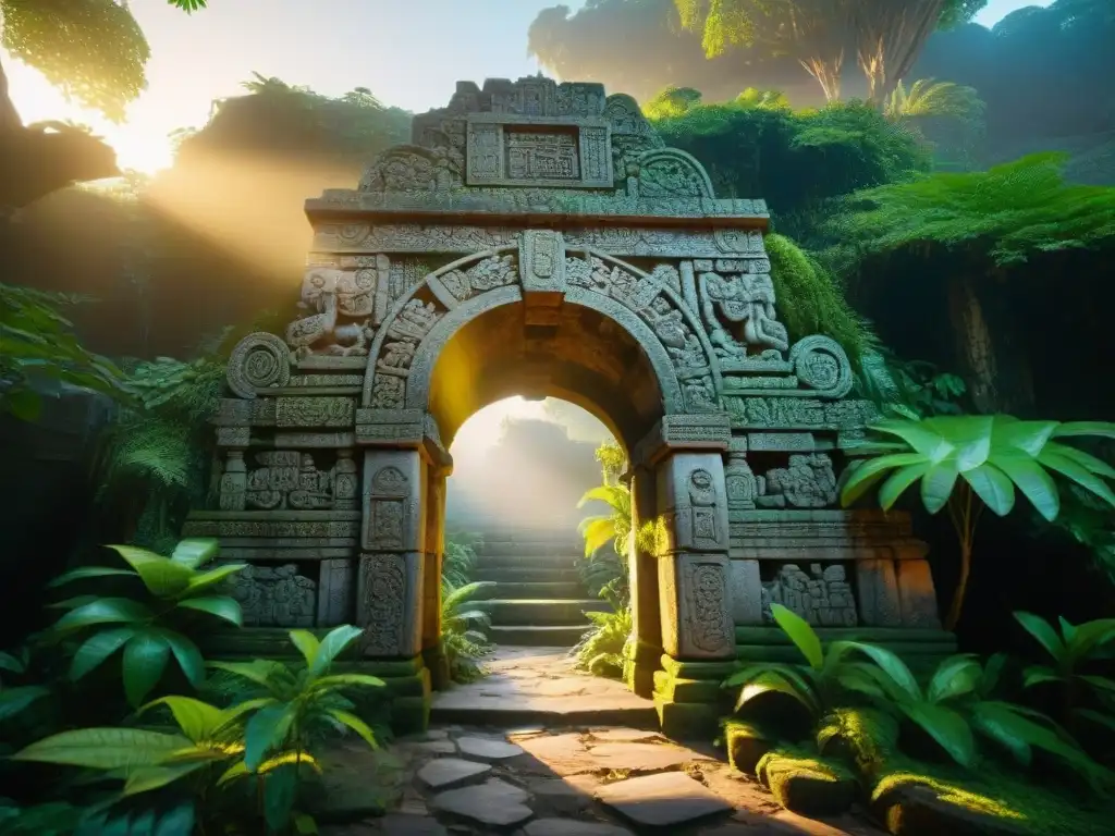 Entrada mística de un templo maya oculto, con arco de piedra cubierto de musgo y follaje verde intenso bajo la luz dorada del sol poniente