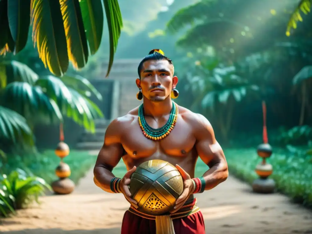 Entrenamiento del jugador de pelota maya en la selva con vestimenta tradicional y balón de caucho, bajo la cálida luz dorada del atardecer