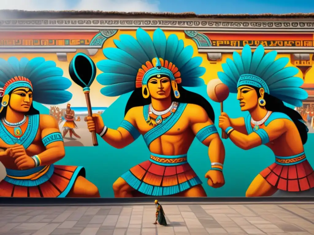 Épica escena: leyendas héroes juego pelota maya en vibrante mural maya con mercado de onlookers