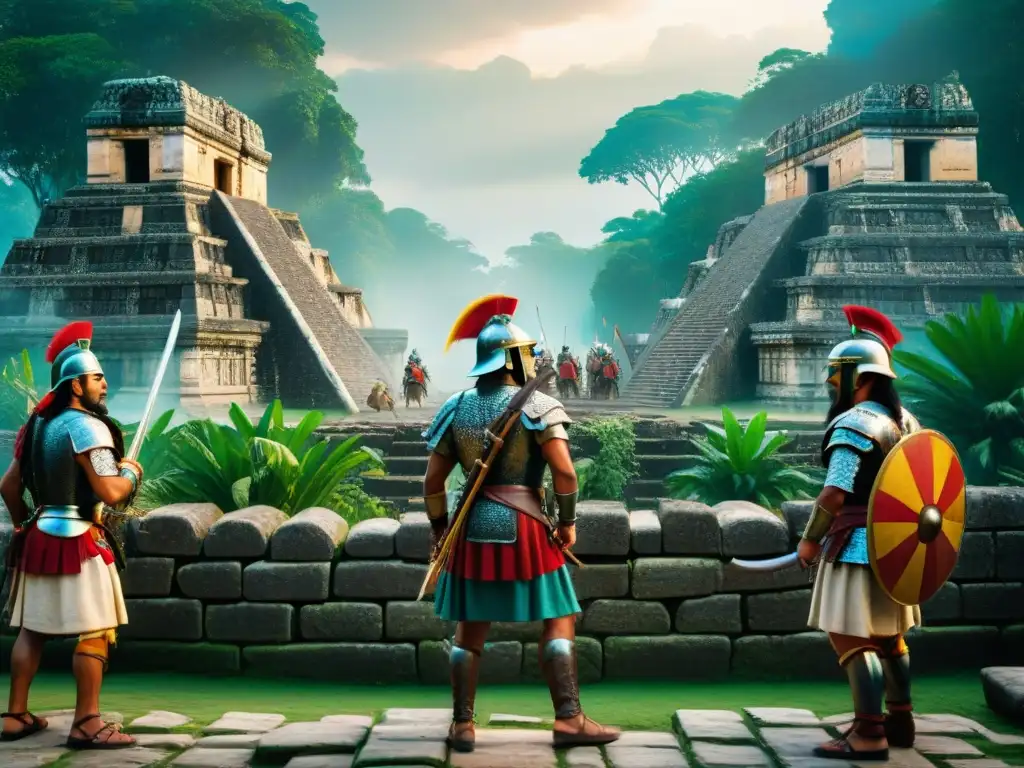 Épico encuentro entre conquistadores y guerreros mayas en ruinas antiguas