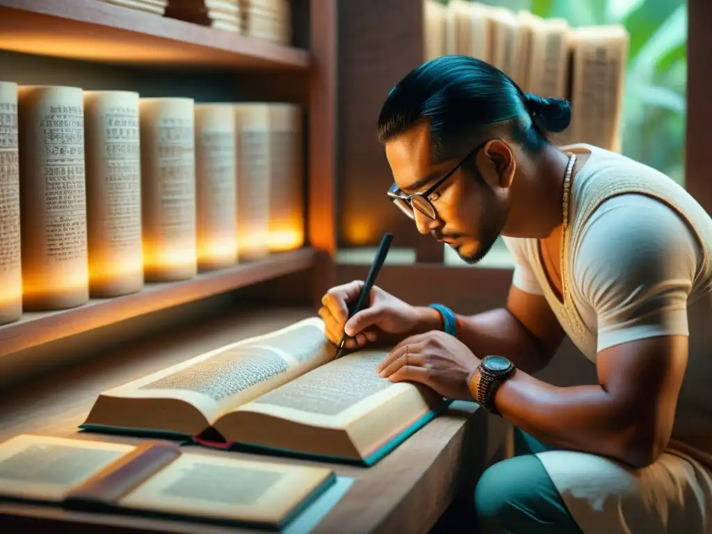 Un epigrafista maya experto en escritura maya en curso avanzado, descifrando glifos con precisión y dedicación