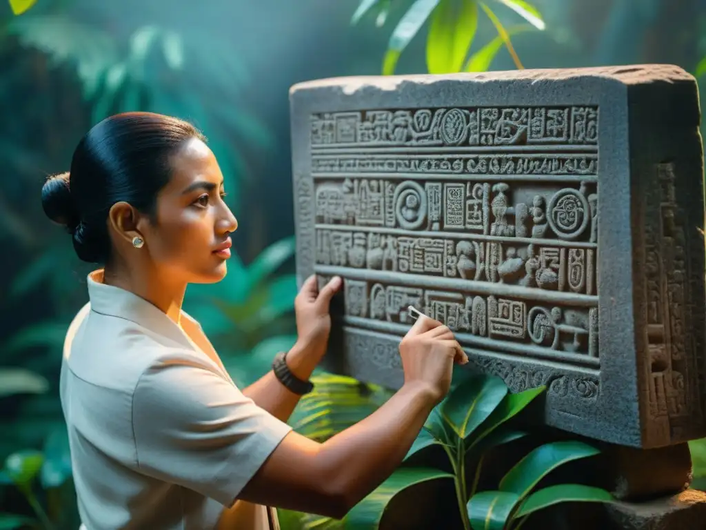 Epigrafista maya moderno descifrando glifos en piedra, fusionando tradición y modernidad para revelar significado bloques glifos escritura maya