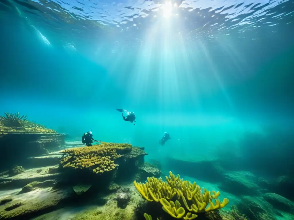 Equipo de arqueología subacuática explorando cenote maya con artefactos antiguos