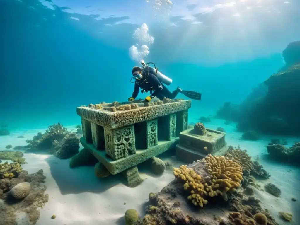 Equipo de arqueología submarina cuidadosamente excavando un artefacto maya del lecho marino, rodeados de aguas cristalinas