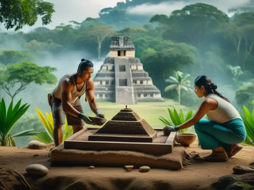 Equipo de arqueólogos descubriendo el amanecer de la civilización maya en sitio arqueológico de Ceibal, entre exuberante jungla guatemalteca