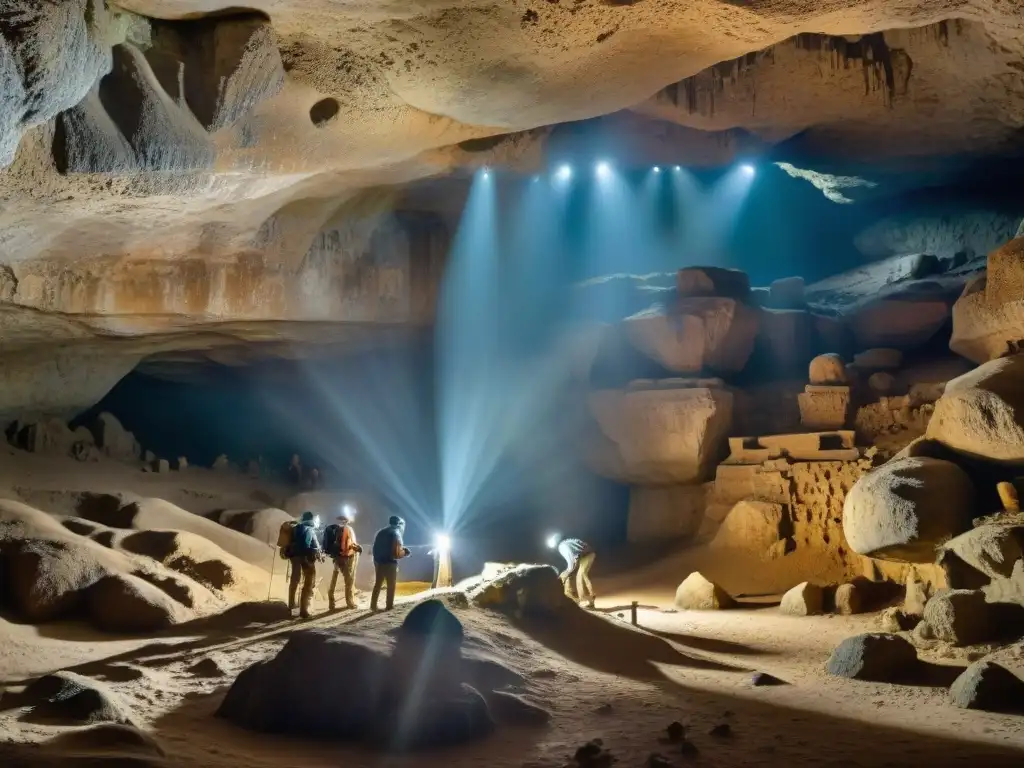 Equipo de arqueólogos explorando antigüedades mayas en Actun Tunichil Muknal, iluminados por sus lámparas frontales