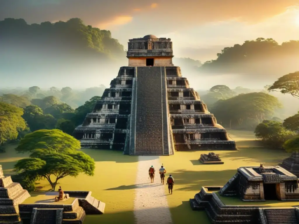 Equipo de arqueólogos preservando arquitectura maya con tecnología mientras el sol se pone