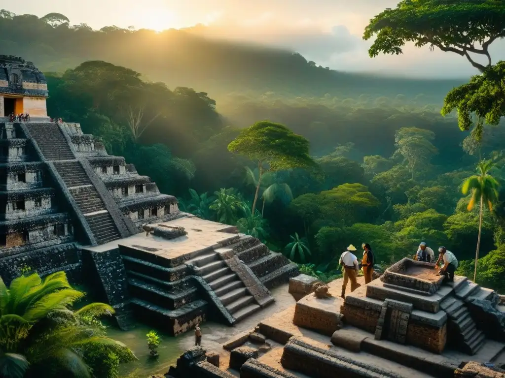 Equipo de arqueólogos preservando arquitectura maya ante cambio, con cuidado y precisión en la jungla al atardecer vibrante