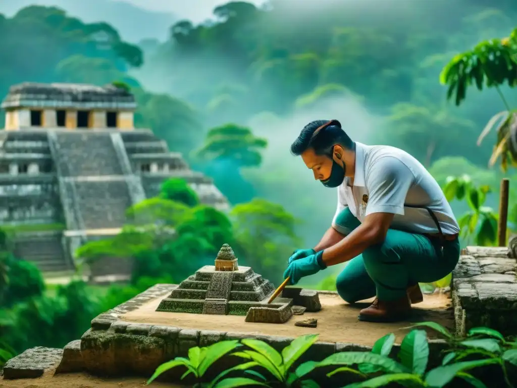 Equipo de arqueólogos excavando arte maya en Palenque, destacando la fusión de Arte y Arquitectura en Palenque