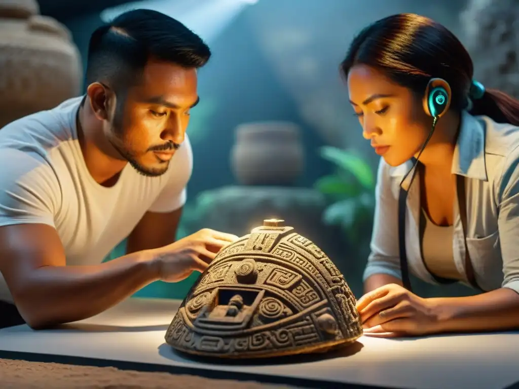 Equipo de arqueólogos realizando reconstrucción 3D de arte maya con tecnología avanzada