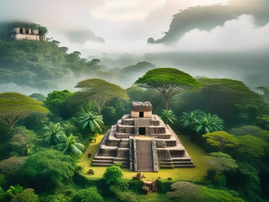 Equipo de arqueólogos excavando arte maya entre la exuberante vegetación