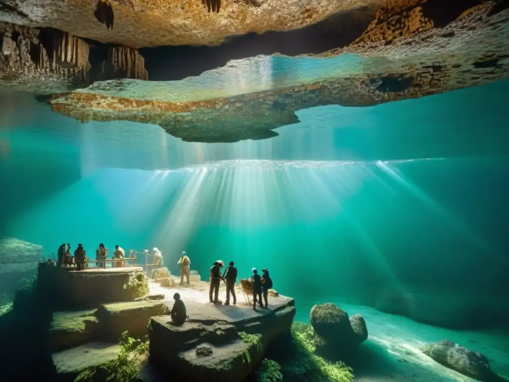 Equipo de arqueólogos descubriendo artefacto de jade en cenote maya