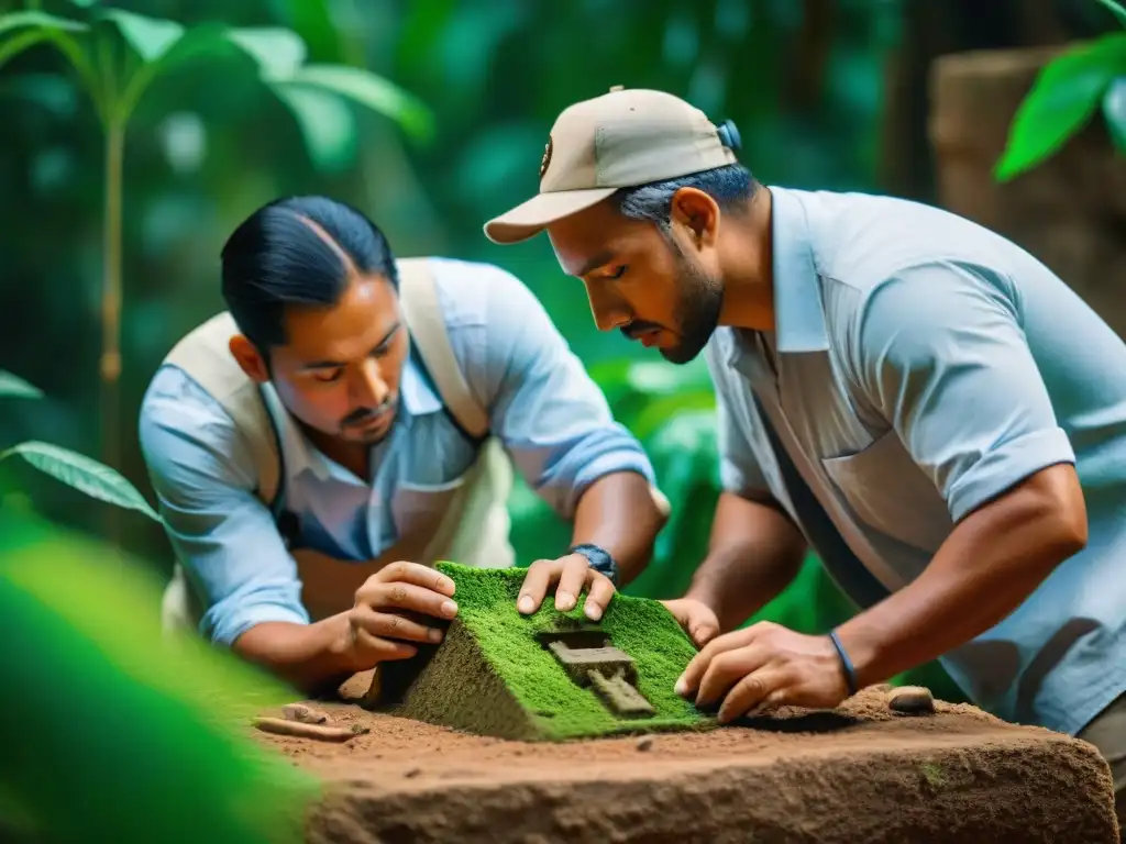 Equipo de arqueólogos excavando un artefacto maya con carvings detallados en la jungla