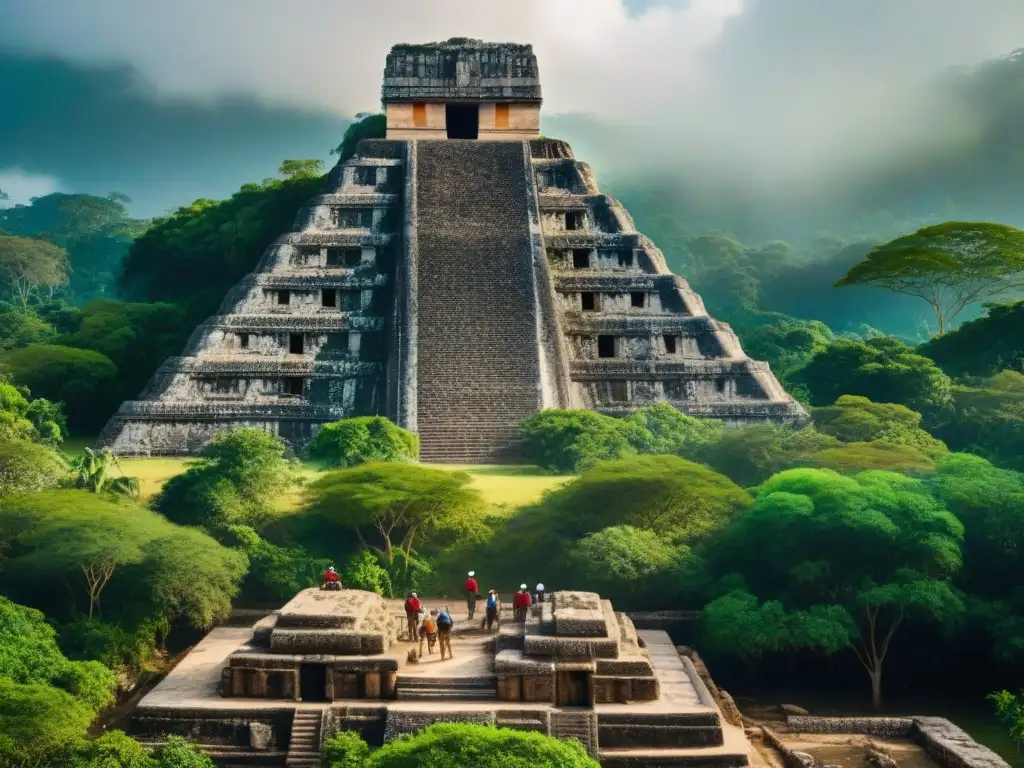 Equipo de arqueólogos descubriendo artefactos antiguos en la selva maya