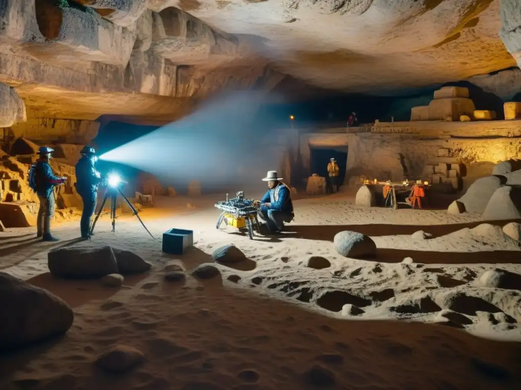 Equipo de arqueólogos preservando artefactos mayas con tecnologías emergentes en cueva subterránea