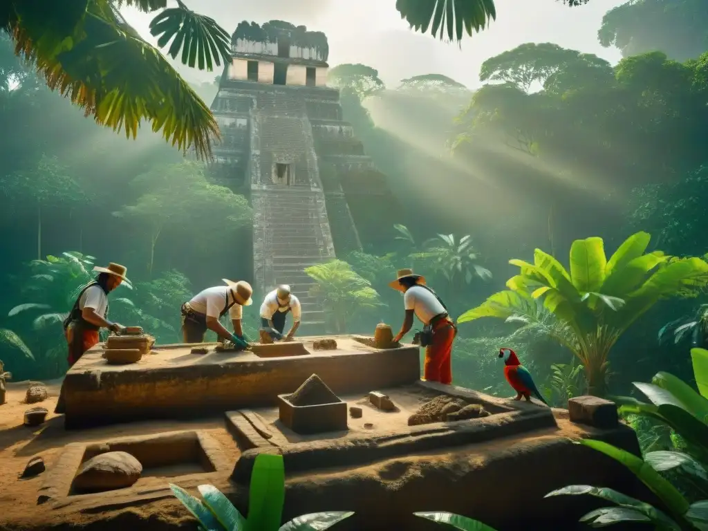 Equipo de arqueólogos descubriendo artefactos mayas en la selva, con loros volando y un templo a lo lejos